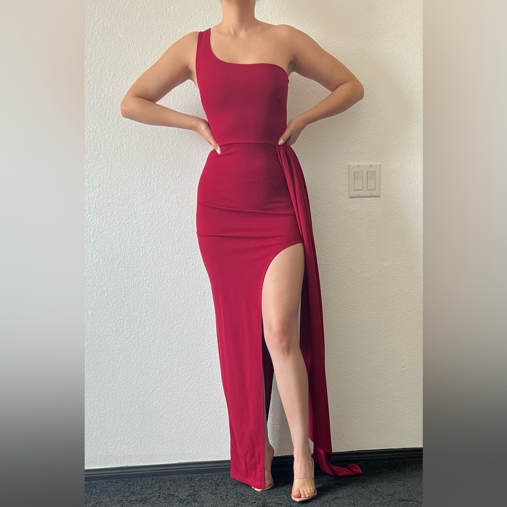 Deep red one shoulder maxi dress